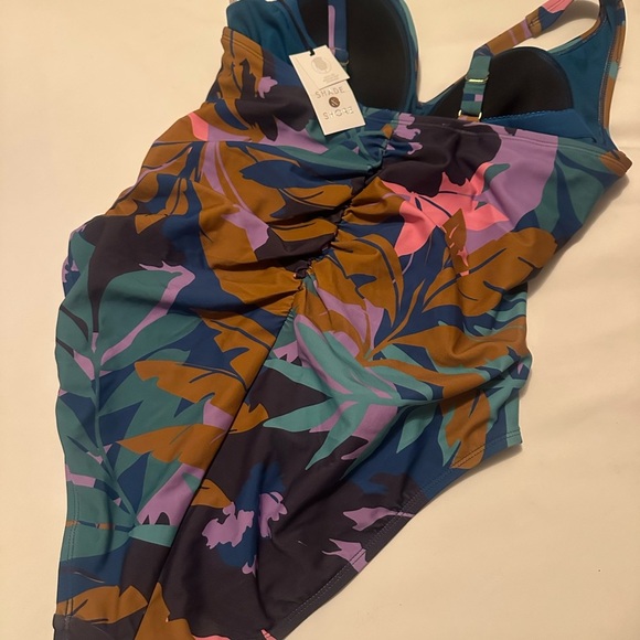 Shade & Shore NEW Shirred Plunge One Piece Swimsuit Floral Print Women’s Sz 14 - Picture 4 of 6